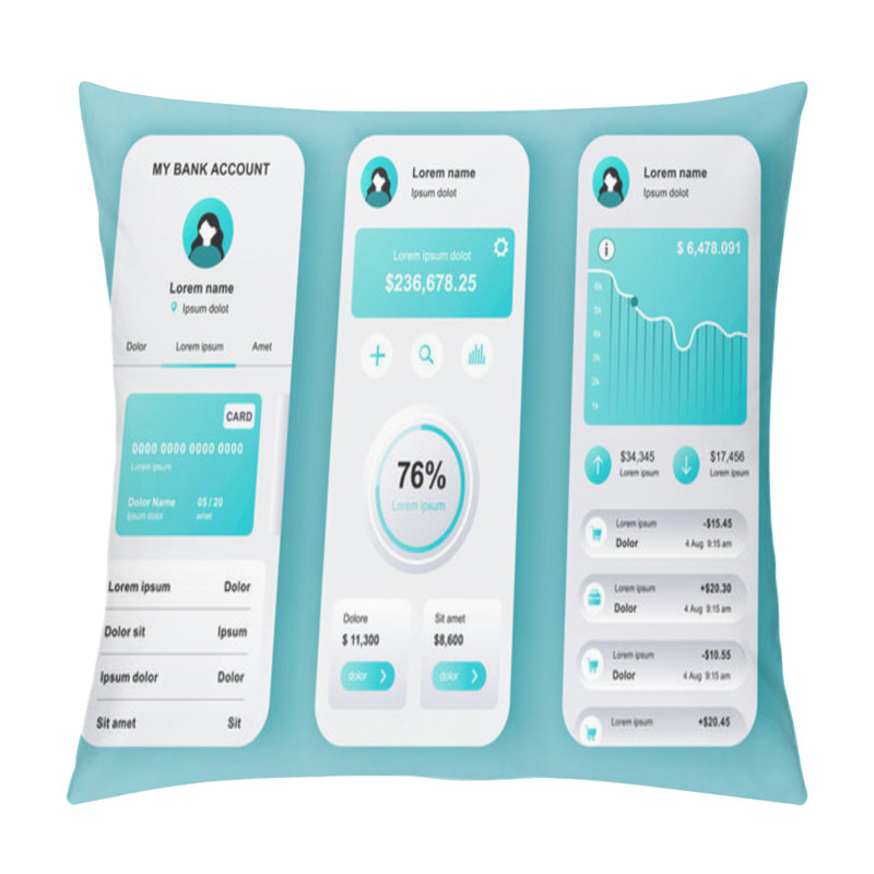 Personality  Online Banking Unique Neomorphic Design Kit For App. Mobile Wallet Screens With Financial Analytics And Money Balance. Financial Management UI, UX Template Set. GUI For Responsive Mobile Application. Pillow Covers