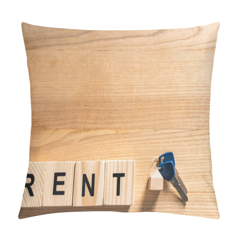 Personality  Top View Of Keys With Key Chain Near Cubes With Rent Lettering On Table Pillow Covers