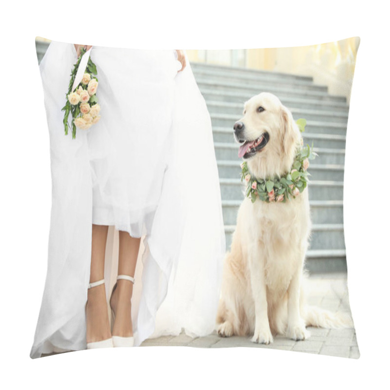 Personality  Bride And Adorable Golden Retriever Wearing Wreath Made Of Beautiful Flowers Outdoors, Closeup Pillow Covers