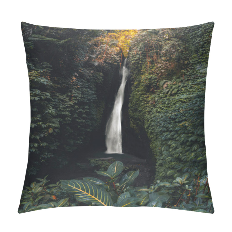 Personality  Leke Leke Waterfall In Tropical Jungle And Alone Woman In Bikini In Bali, Indonesia. Pillow Covers