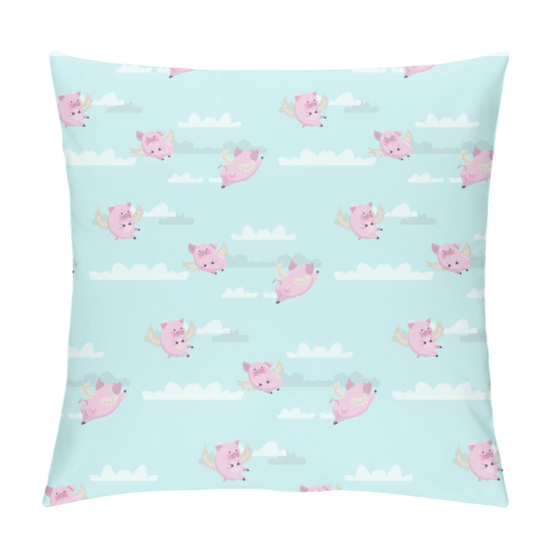 Personality  Seamless Vector Pattern With Funny Flying Pink Pigs Against The Sky Pillow Covers