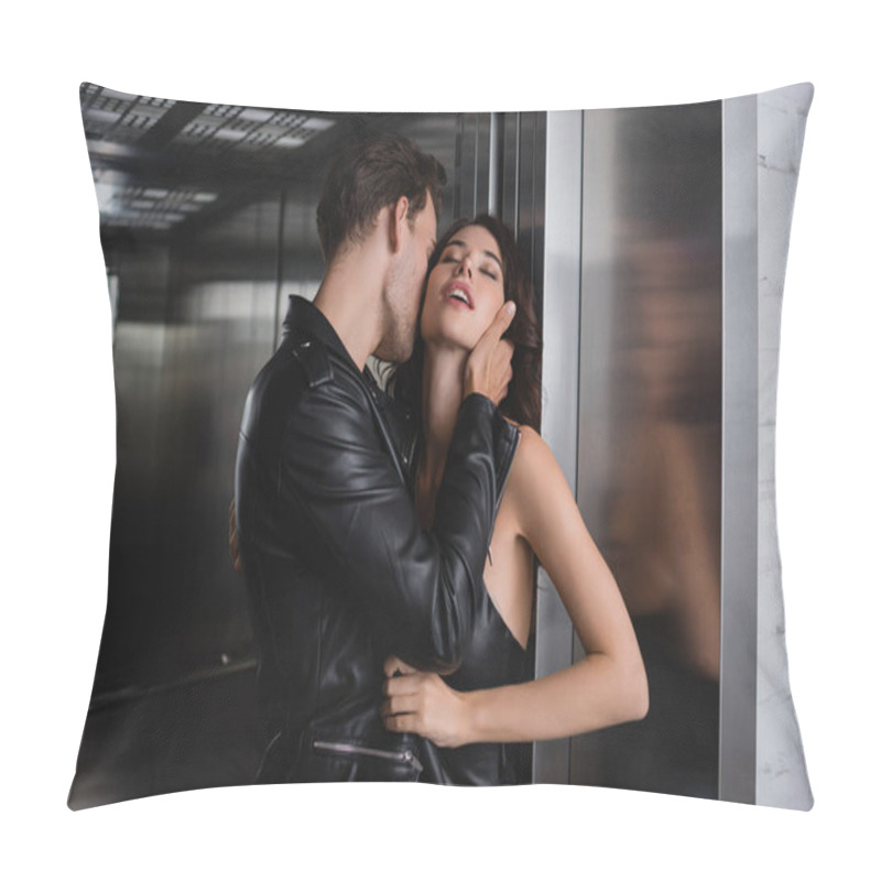 Personality  Man In Leather Jacket Touching Neck Of Sensual Woman With Closed Eyes In Elevator Pillow Covers