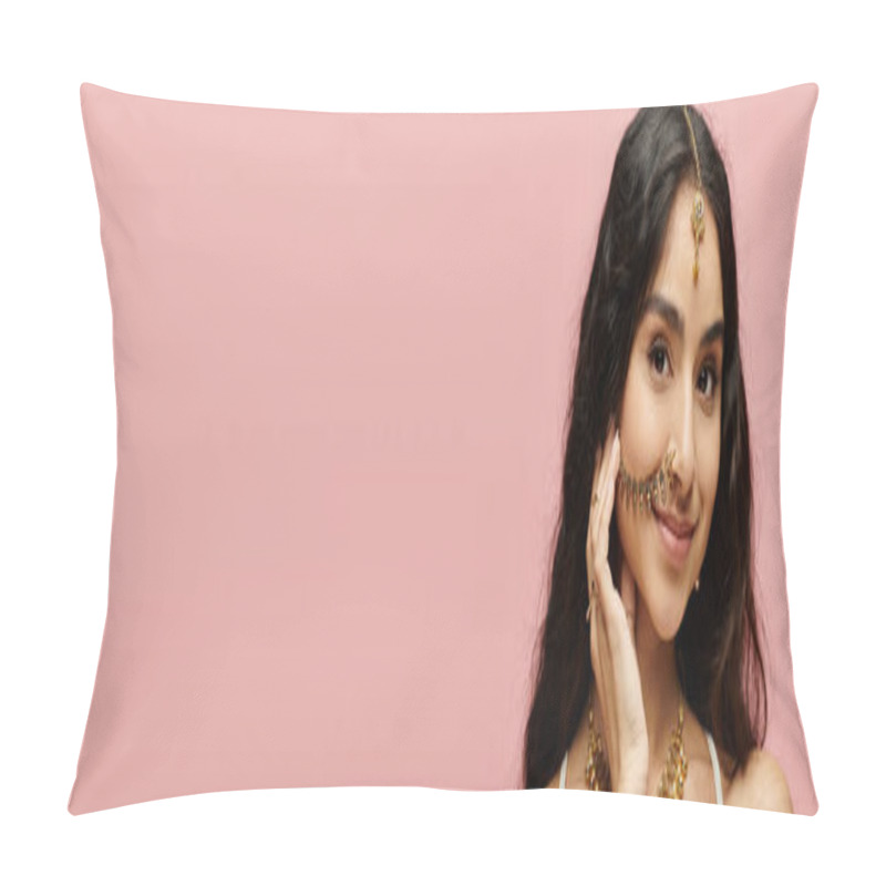 Personality  Young Indian Woman Showcasing Elaborate Accessories On Her Face. Pillow Covers