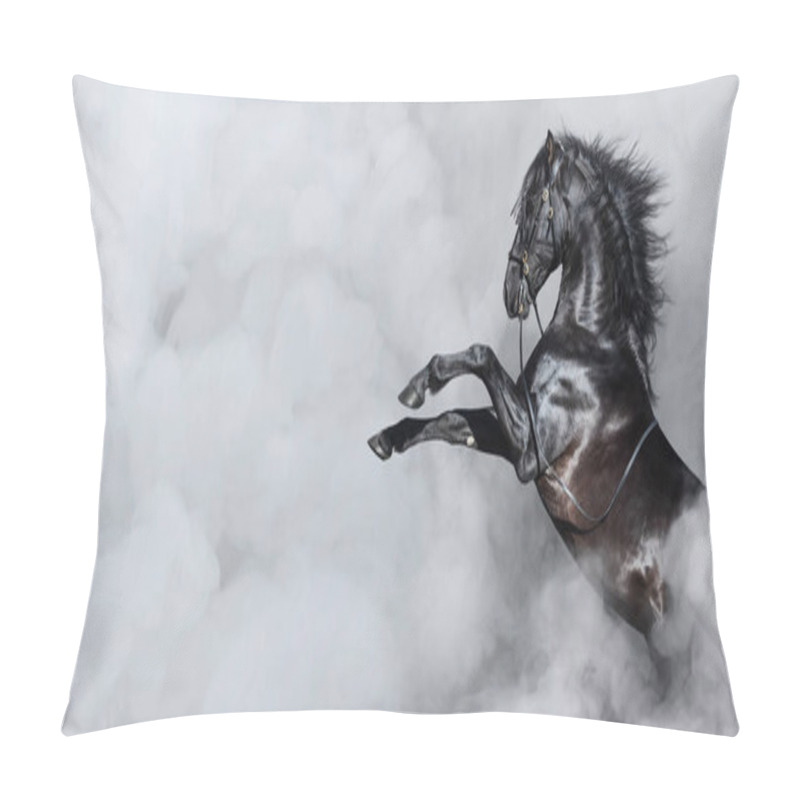 Personality  Black Spanish Horse Rearing In Light Smoke. Horizontal Photo With Space For Text. Pillow Covers