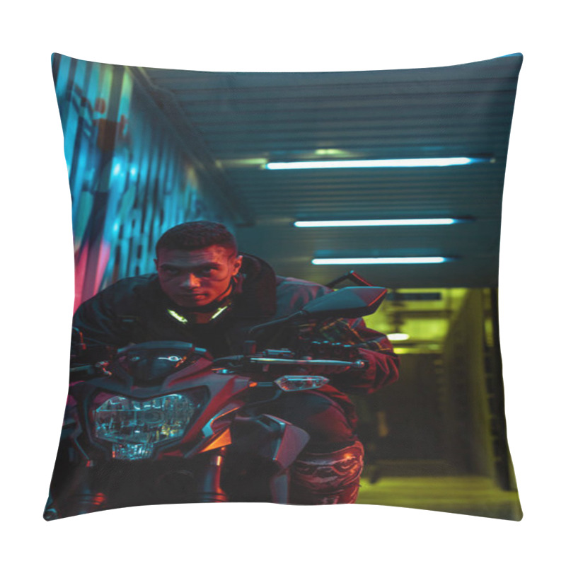 Personality  Mixed Race Cyberpunk Player With Protective Mask Riding Motorcycle  Pillow Covers