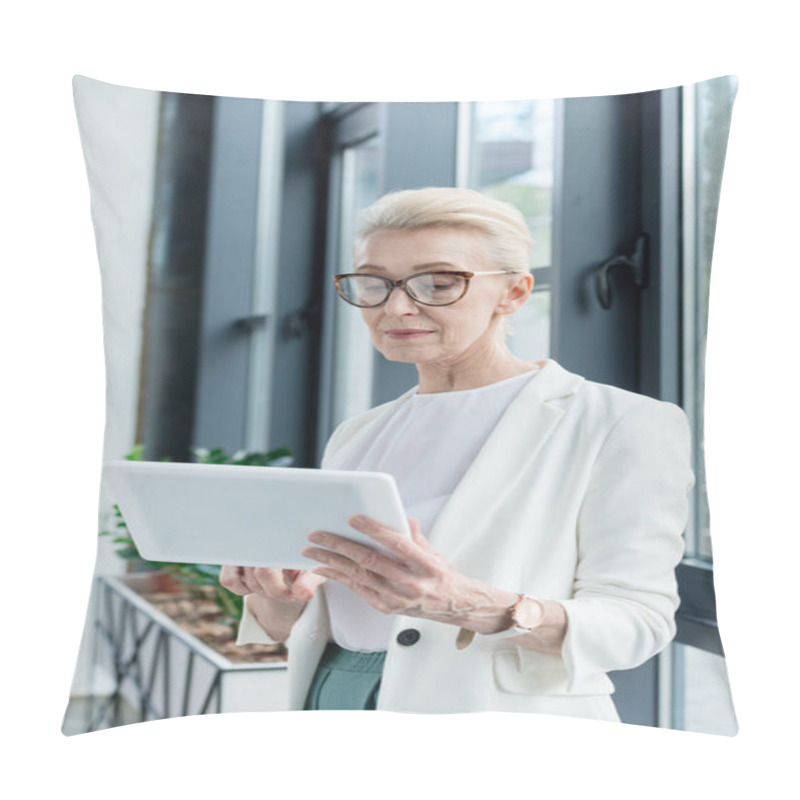 Personality  Attractive Senior Businesswoman In Eyeglasses Using Digital Tablet Pillow Covers