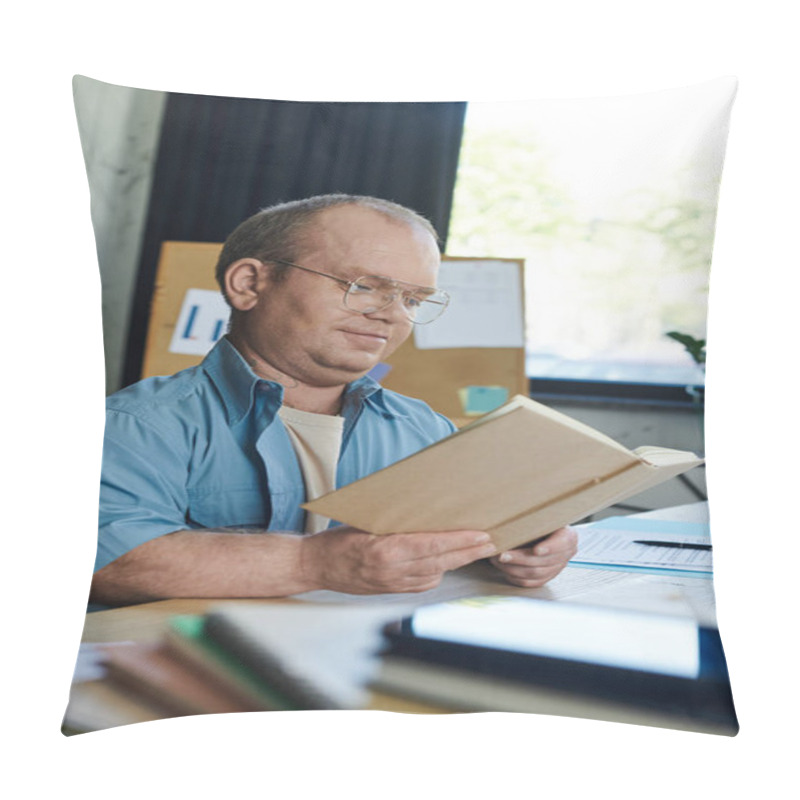 Personality  A Man With Inclusivity Wearing Glasses Sits At A Desk Reading A Book. Pillow Covers