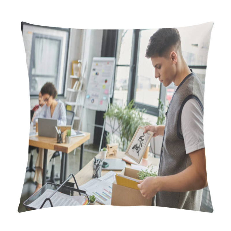 Personality  Man Packing For A Layoff, Colleagues On Backdrop. Pillow Covers