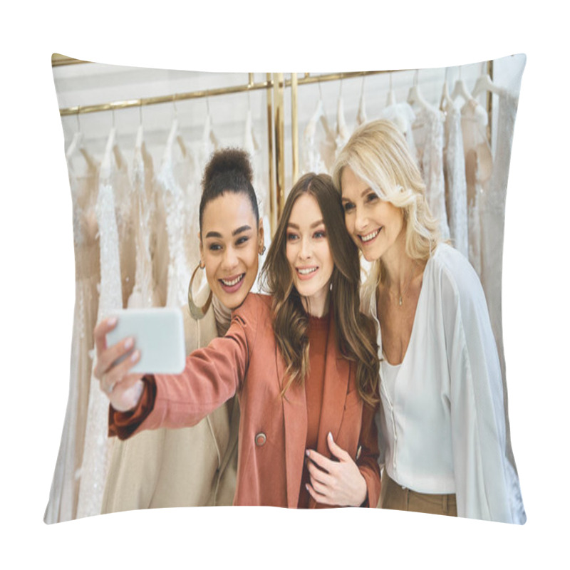 Personality  A Young Beautiful Bride Shops For Her Wedding Dress With Her Mother And Best Friend, Capturing The Moment With A Selfie. Pillow Covers