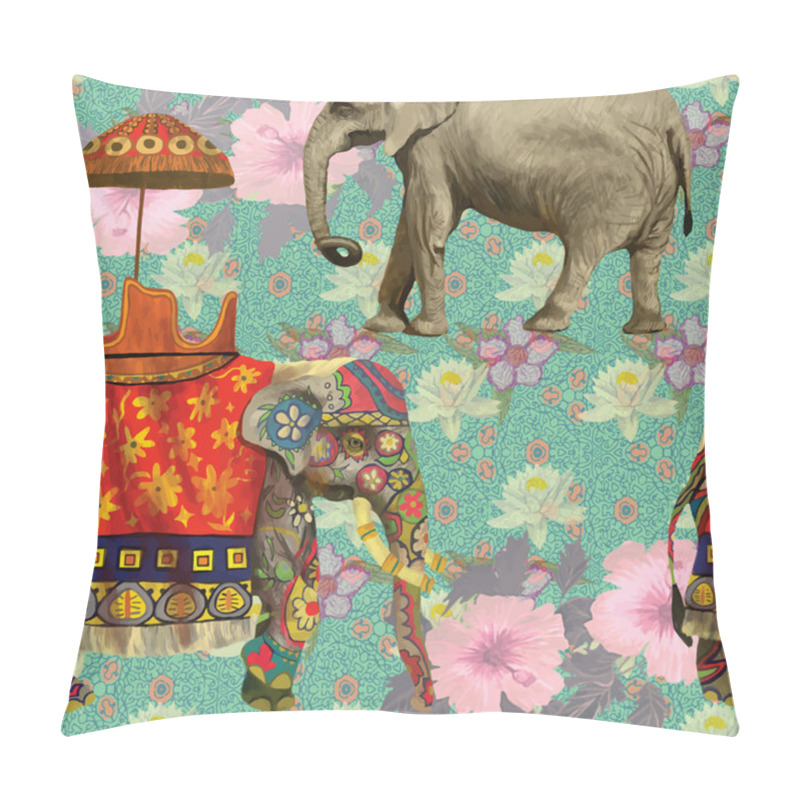 Personality  Seamless Pattern With Indian Elephants. Hand Drawn Vector. Pillow Covers