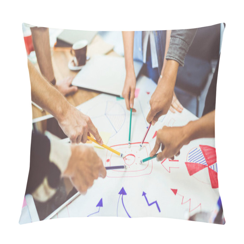 Personality  Creative Idea Teamwork Concept. Group Of Multiethnic Diverse Team, Business Partner, Or College Students In Project Meeting At Modern Office. Five People Pointing At Lightbulb Drawings Pillow Covers