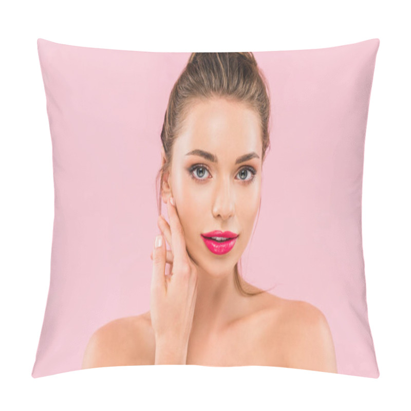 Personality  Naked Beautiful Woman With Pink Lips Posing With Hand Near Face Isolated On Pink  Pillow Covers