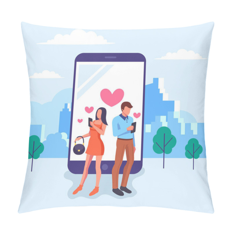 Personality  Two People Man And Woman Characters Chatting And Communication By Smartphone Internet. Online Meeting Dating Communication Concept. Vector Flat Graphic Design Isolated Illustration Concept Pillow Covers