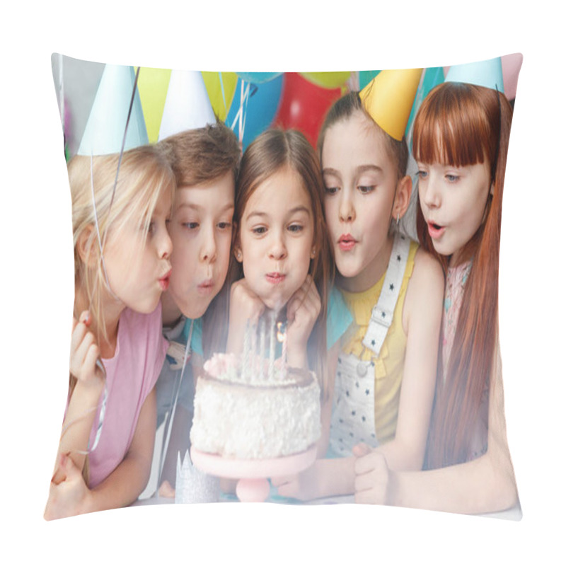 Personality  Festive Children In Party Caps, Blow Candles On Delicious Cake, Make Wish, Celebrate Birthday, Have Party Together, Hold Colourful Balloons. Happy Small Girl Spends Festive Event With Best Friends Pillow Covers