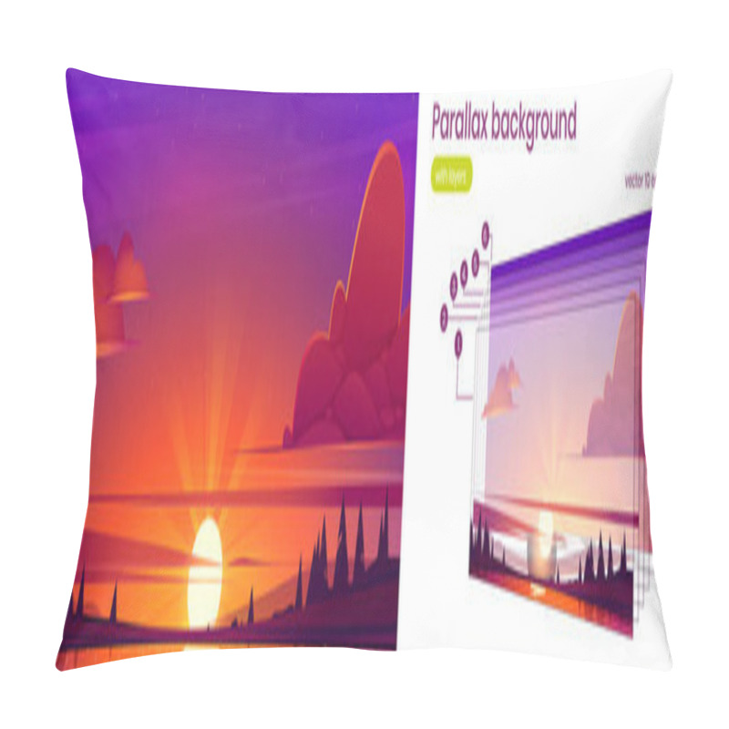 Personality  Parallax Background With Lake Landscape At Sunset Pillow Covers