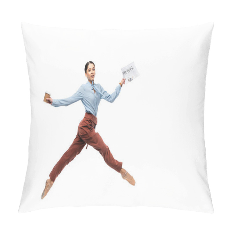 Personality  Ballerina With Newspaper And Coffee To Go Jumping Isolated On White  Pillow Covers