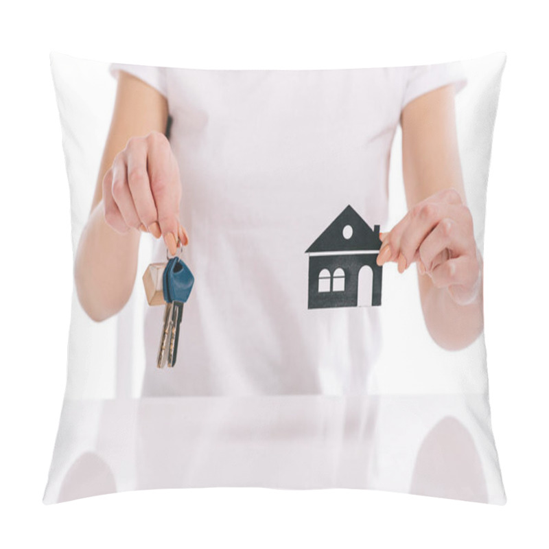 Personality  Partial View Of Woman Holding Paper House And Keys Isolated On White, Mortgage Concept Pillow Covers