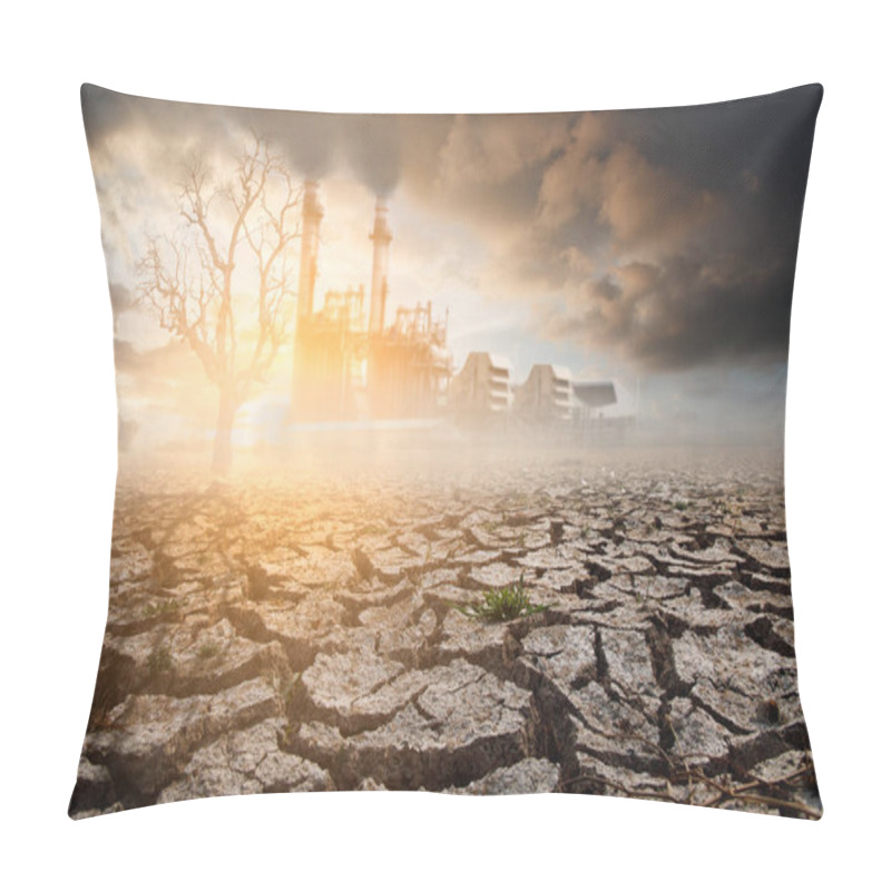 Personality  Industrial Factory With Lonely Dead Tree Under Dramatic Evening Sunset Sky With Cloudy Drought Cracked Landscape. Global Warming Concept. Pillow Covers