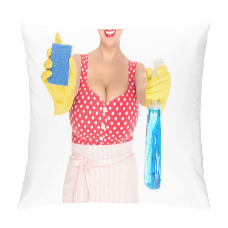 Personality  Cropped Shot Of Plus Size Woman In Rubber Gloves With Cleaning Supplies Isolated On White Pillow Covers