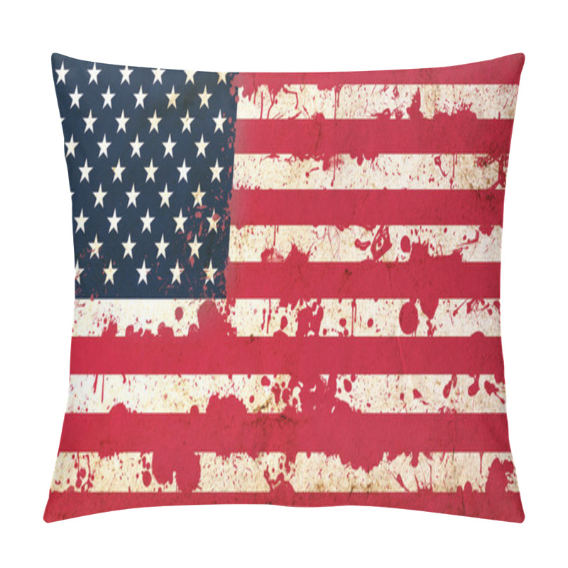 Personality  American Flag With Blood Stains. USA National Flag With Blood Splatters. Old Retro Grunge Vintage Style Texture. Large Image. Pillow Covers