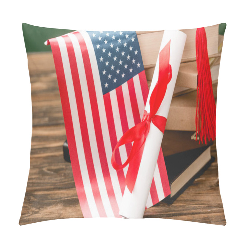 Personality  Books, Diploma And American Flag On Wooden Surface Pillow Covers