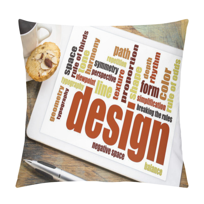 Personality  Design Elements And Rules - A Word Cloud On A Digital Tablet With A Cup Of Coffee Pillow Covers