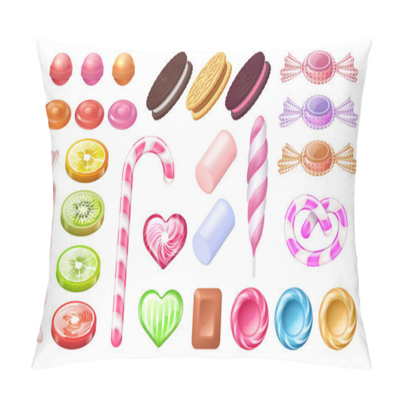 Personality  Candies And Lollipops. Sweet Jelly Chocolate Peppermint Candies And Cookies. Vector Realistic Set Of Gummy Toffee Holiday Desserts Pillow Covers