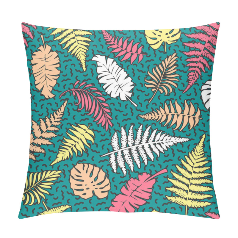 Personality  Bright Vector Seamless Pattern With Leaves Of Palm, Fern, Monstera, Tropical Botanical Background, Wallpaper In 80s Memphis Style.  Pillow Covers