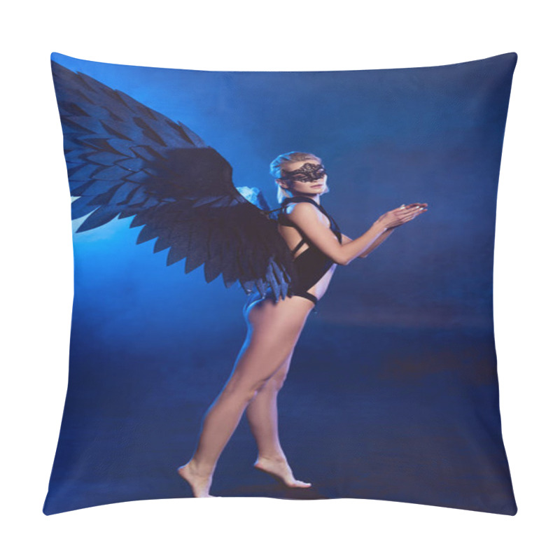 Personality  Beautiful Sexy Woman With Lace Mask And Black Angel Wings Standing On Tiptoe On Dark Blue Background Pillow Covers