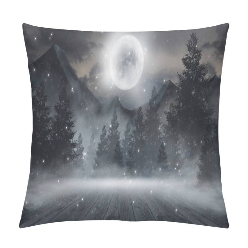 Personality  Abstract Dark Empty Scene. Abstract Night Landscape. Neon Blue Light, Tree Silhouettes, Reflection In The Water, Moonlight Light. Misty Forest, Dark, Smoke, Smog. Night View. Pillow Covers