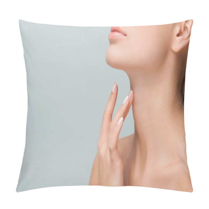 Personality  Cropped View Of Woman Touching Neck Isolated On Grey  Pillow Covers