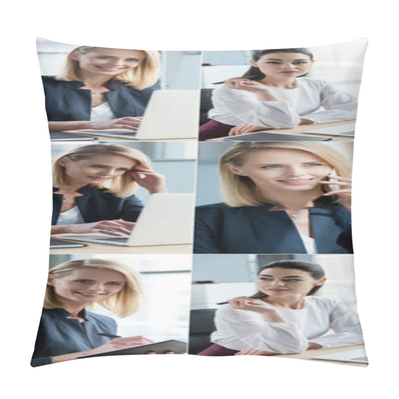 Personality  Collage Of Businesswomen Using Gadgets At Workplace In Office Pillow Covers