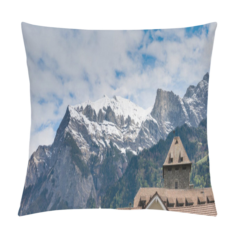 Personality  Skyline Of Maienfeld With Snowcapped Mountain Peaks Behind Pillow Covers