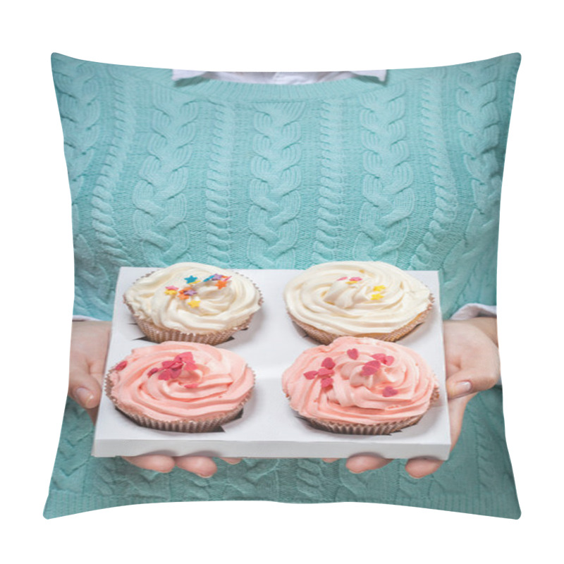 Personality  Woman Holding Cupcakes In Hands Isolated On White Pillow Covers