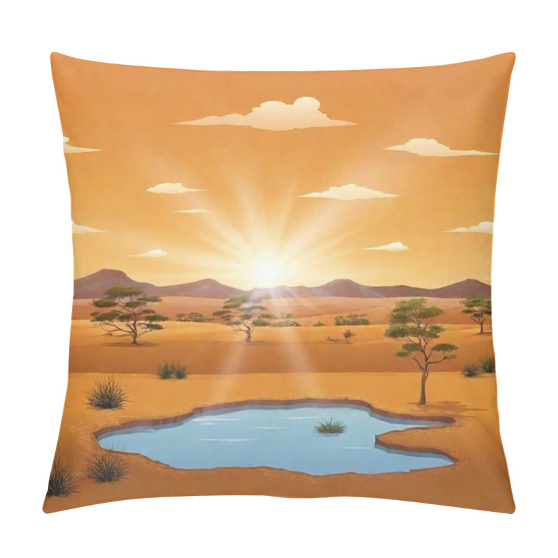 Personality  Desert Landscape With Palm Trees, Sun And Lake, Vector Illustration, Pillow Covers