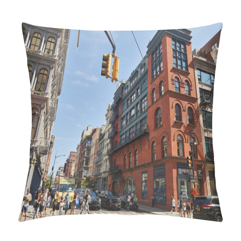 Personality  NEW YORK, USA - NOVEMBER 26, 2022: Pedestrians Crossing Roadway Intersection On Busy Avenue Pillow Covers