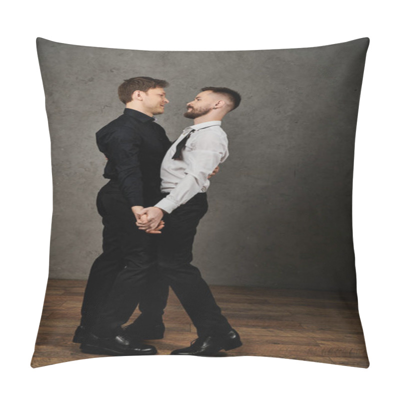 Personality  Two Men In Suits Holding Hands And Smiling At Each Other In A Studio Setting. Pillow Covers