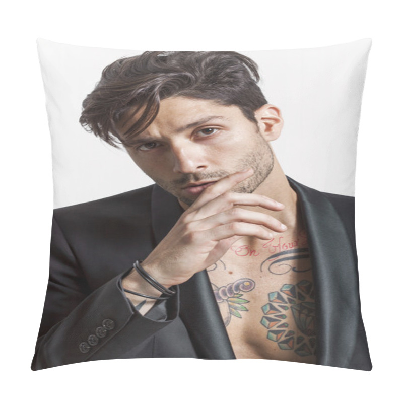 Personality  Sexy Tattooed Man Closeup Portrait Wearing Black Jacket And Look Pillow Covers