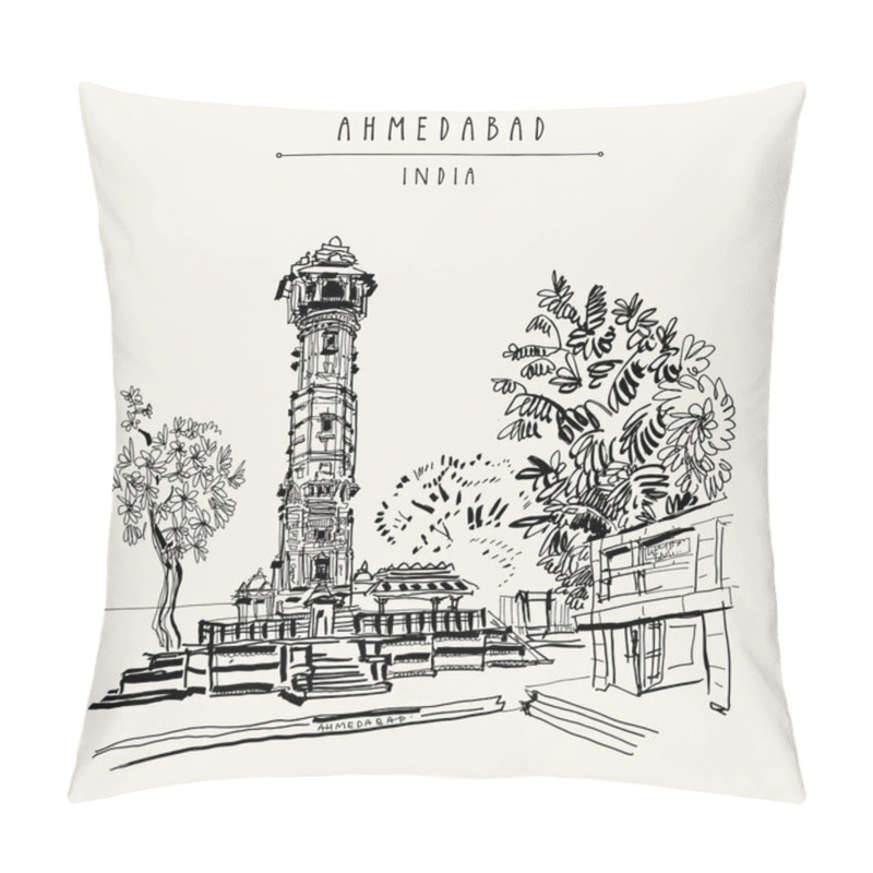 Personality  Hutheesing (Hathi Singh Wadi) Jain Temple In Ahmedabad, Gujarat, India. Ornate Tower And Trees. Travel Sketch Art. Vintage Hand Drawn Postcard In Vector Pillow Covers