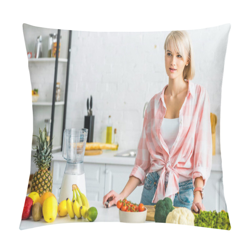 Personality  Attractive Blonde Girl Standing Near Near Ingredients In Kitchen Pillow Covers