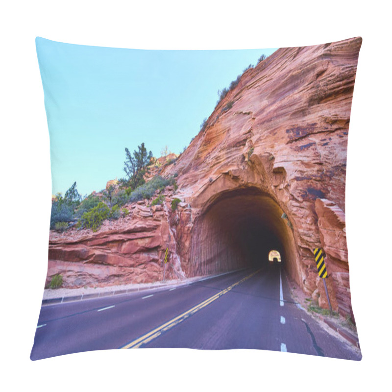 Personality  Journey Through The Red Sandstone Tunnel Of Zion National Park In Utah. Explore The Scenic Road Framed By Vibrant Rock Formations, Inviting Adventure And Showcasing Natures Artistry. Pillow Covers