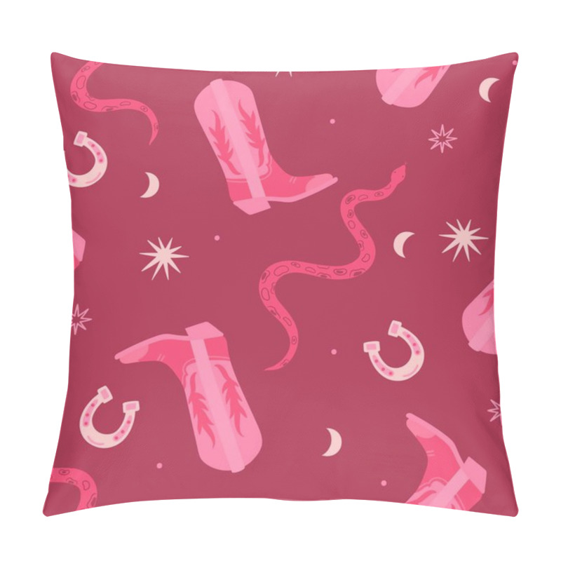 Personality  Trendy Pink Seamless Pattern With Cowboy Boots, Snakes And Horseshoes. Vector Image. Pillow Covers