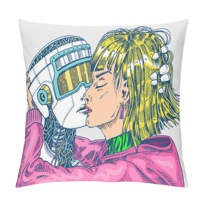 Personality  Artificial Intelligence Concept. Robot And Man, Woman And Man Kiss. Concept Love Couple. Replicant Or Android. Hand Drawn Future Technology. Vintage Engraved Monochrome Sketch. Pillow Covers