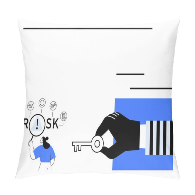 Personality  Businesswoman Evaluating Risks With Magnifier Amidst Icons Large Hand Holding Key Symbolizing Solutions, Security. Ideal For Decision-making, Risk Analysis, Strategy, Opportunity, Solutions Pillow Covers