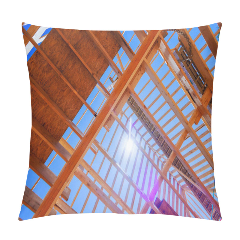 Personality  Modern Construction Site Built Structure, Emphasizing Bare Wooden Frame Open Ceiling Beams Create Interesting Angles Framework Stage Of Construction. Pillow Covers