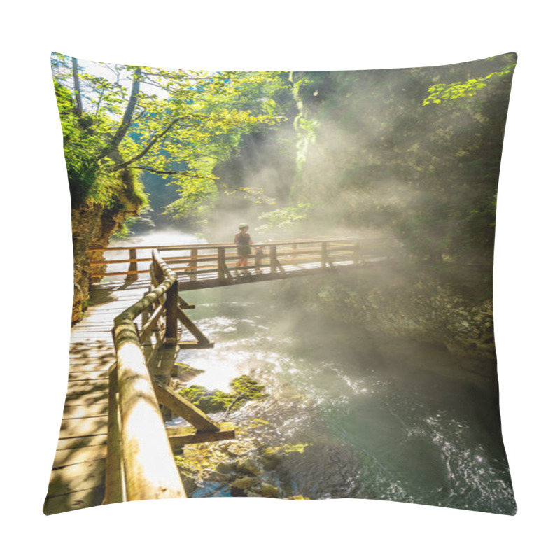 Personality  Sunbeams Illuminating Mist Rising From Radovna River In Vintgar Gorge Near Bled, With Tourist Walking On Wooden Footbridge Pillow Covers