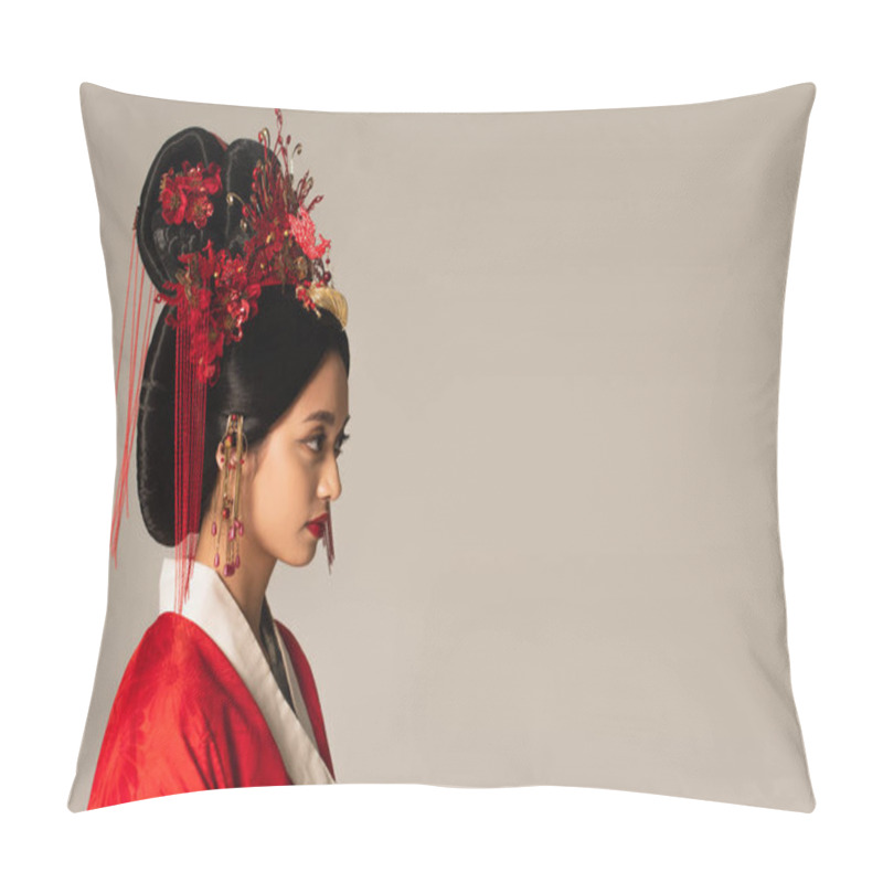 Personality  Side View Of Japanese Woman With Traditional Hairdo Isolated On Grey  Pillow Covers