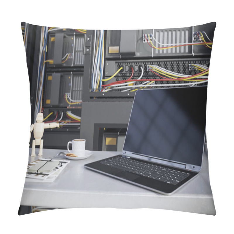 Personality  Servers And Hardware Room With Notebook And Coffee Cup Computer Technology Closeup Photo Pillow Covers