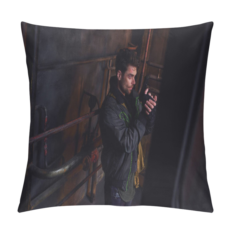 Personality  Unshaven Man With Gun Looking Away In Dark Underground Tunnel Near Rusty Pipes, Post-apocalypse Pillow Covers