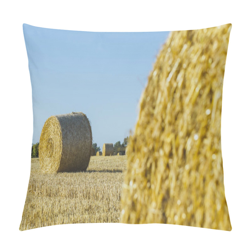 Personality  Yellow Wheat Field With Straw Bales After Harvesting On A Sunny Day In Normandy, France. Country Landscape, Agricultural Fields In Summer. Environment Friendly Farming, Industrial Agriculture Concept Pillow Covers